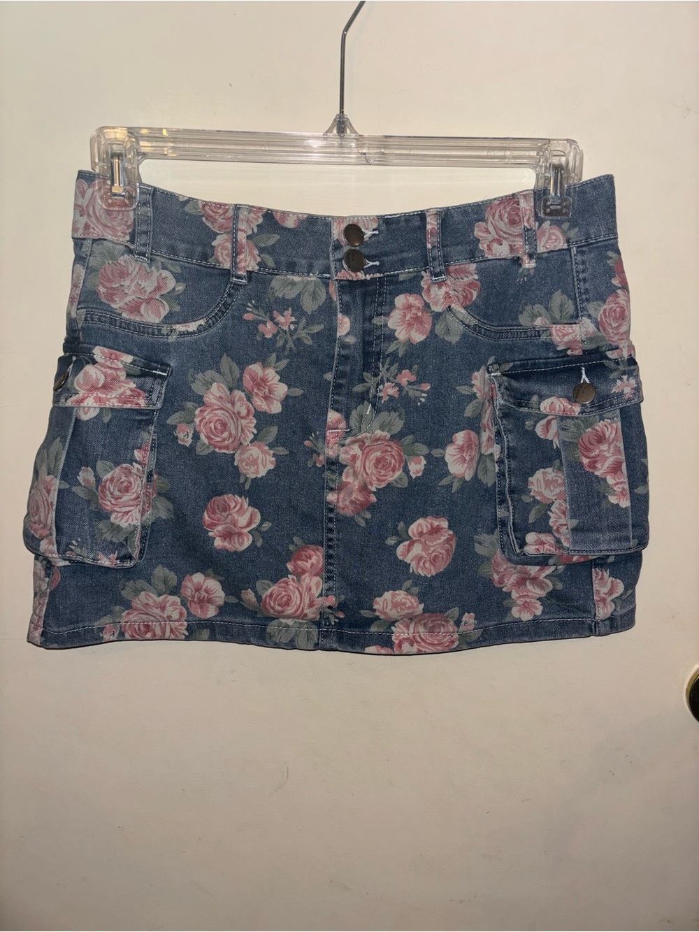 Floral Denim Mini Skirt with Pockets - Pink Rose Print